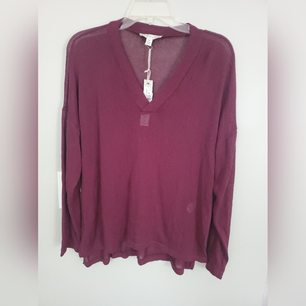 NWT Womens She + Sky Mesh Sheer Long Sleeved Purple Sweater Size Medium.